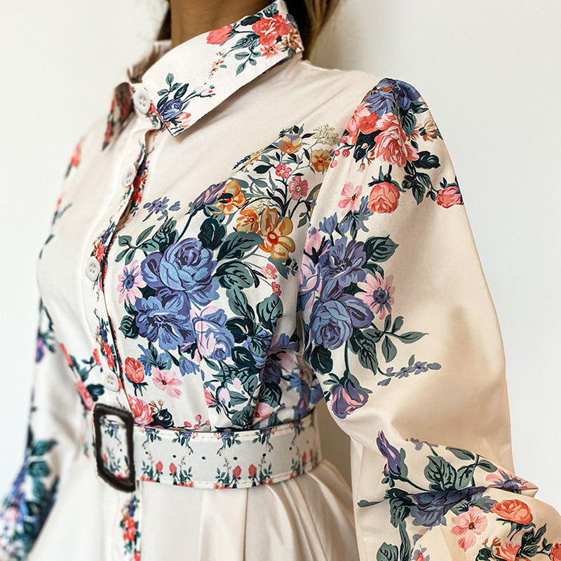 Printed Long-Sleeved Mid-Length Hepburn Style Dress