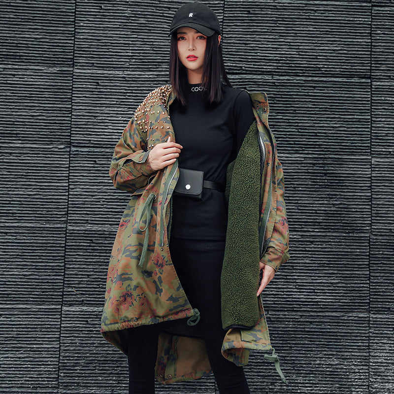 Mid-Length Leopard Print Camouflage Rivet European Street Heavy Industry Trench Coat