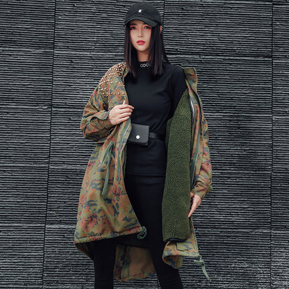 Mid-Length Leopard Print Camouflage Rivet European Street Heavy Industry Trench Coat