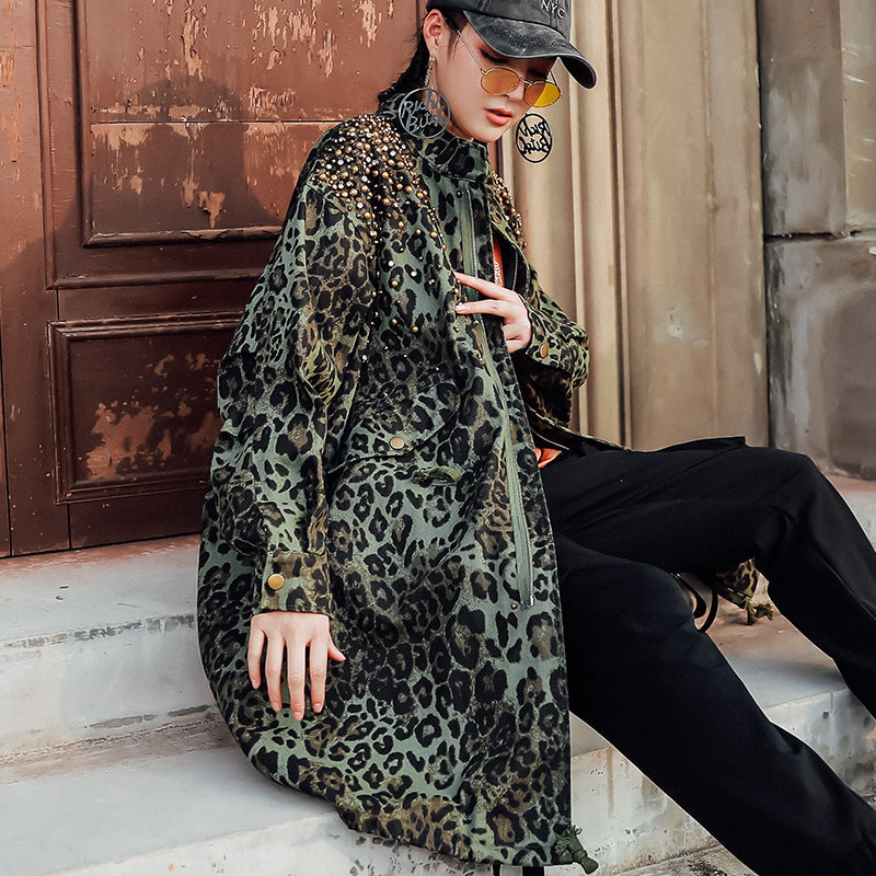 Mid-Length Leopard Print Camouflage Rivet European Street Heavy Industry Trench Coat