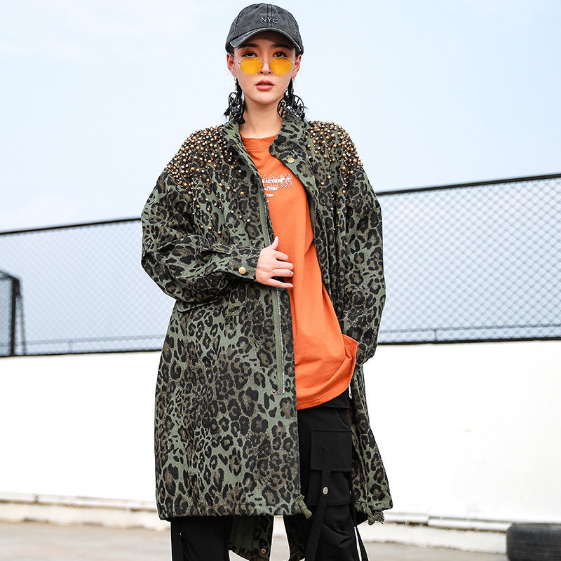 Mid-Length Leopard Print Camouflage Rivet European Street Heavy Industry Trench Coat