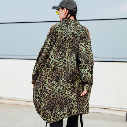Mid-Length Leopard Print Camouflage Rivet European Street Heavy Industry Trench Coat