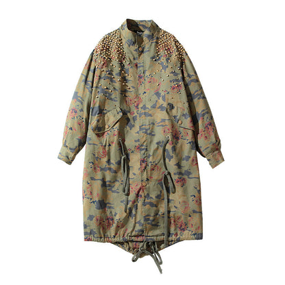 Mid-Length Leopard Print Camouflage Rivet European Street Heavy Industry Trench Coat