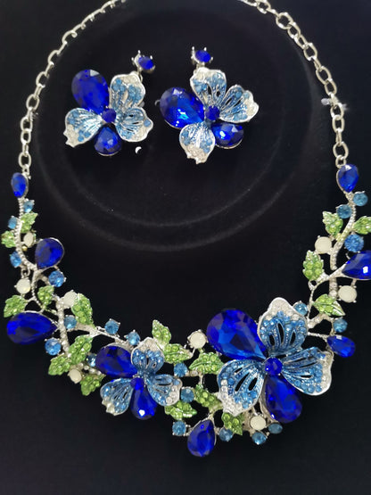 Necklace Exaggerated Colorful Flowers Full Of Diamond Crystal Necklace Earrings Jewelry Set