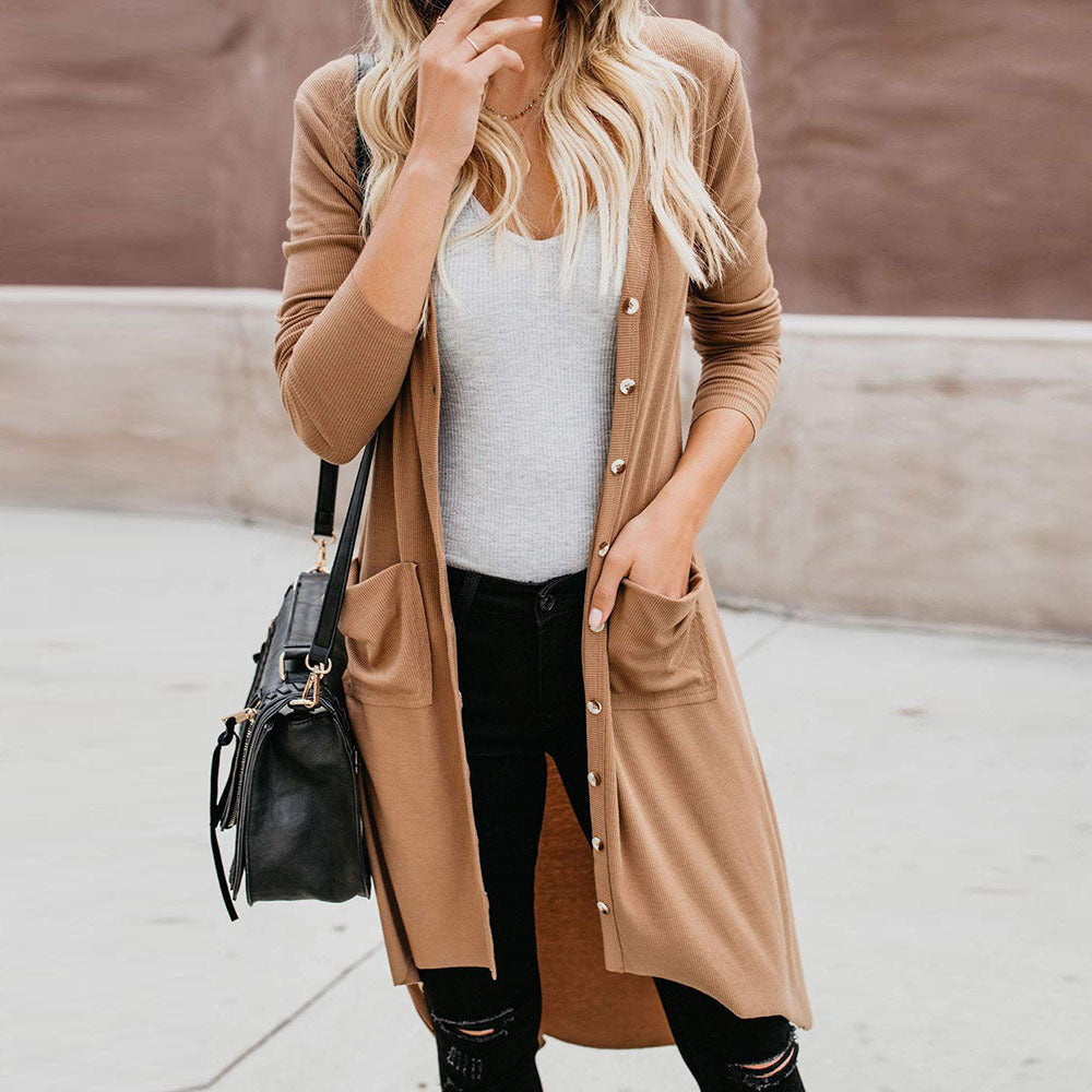 Mid-length Long-Sleeved Button Sweater Coat