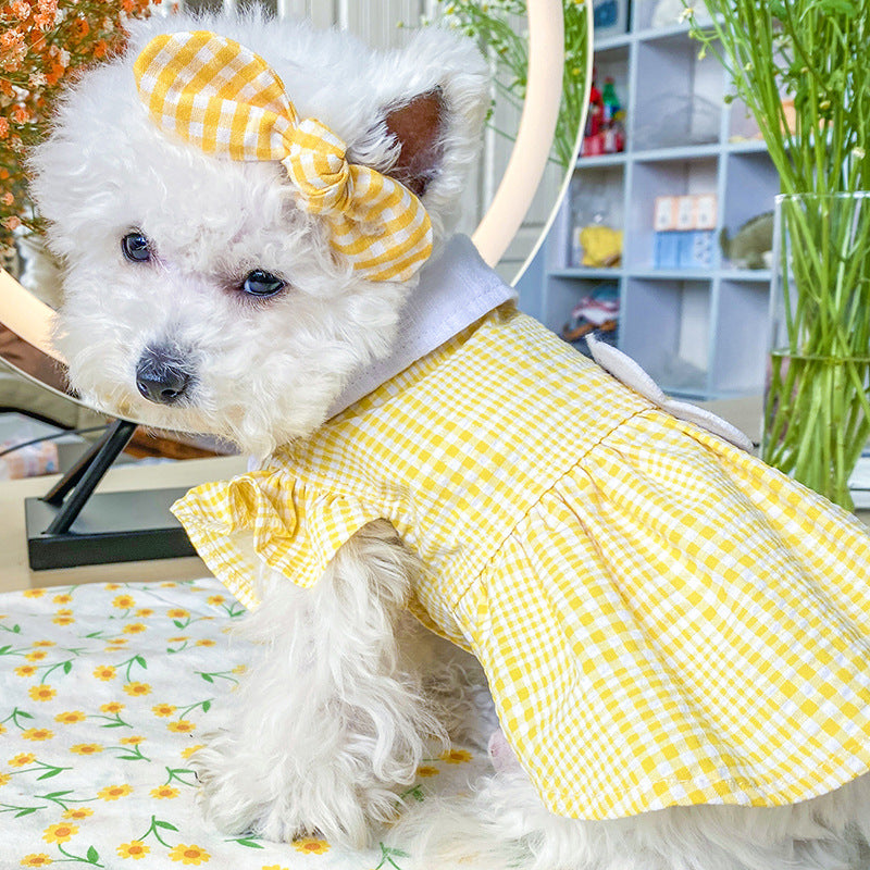 New Pet Clothes Cat Clothes Yellow Plaid Sunflower Bee Skirt