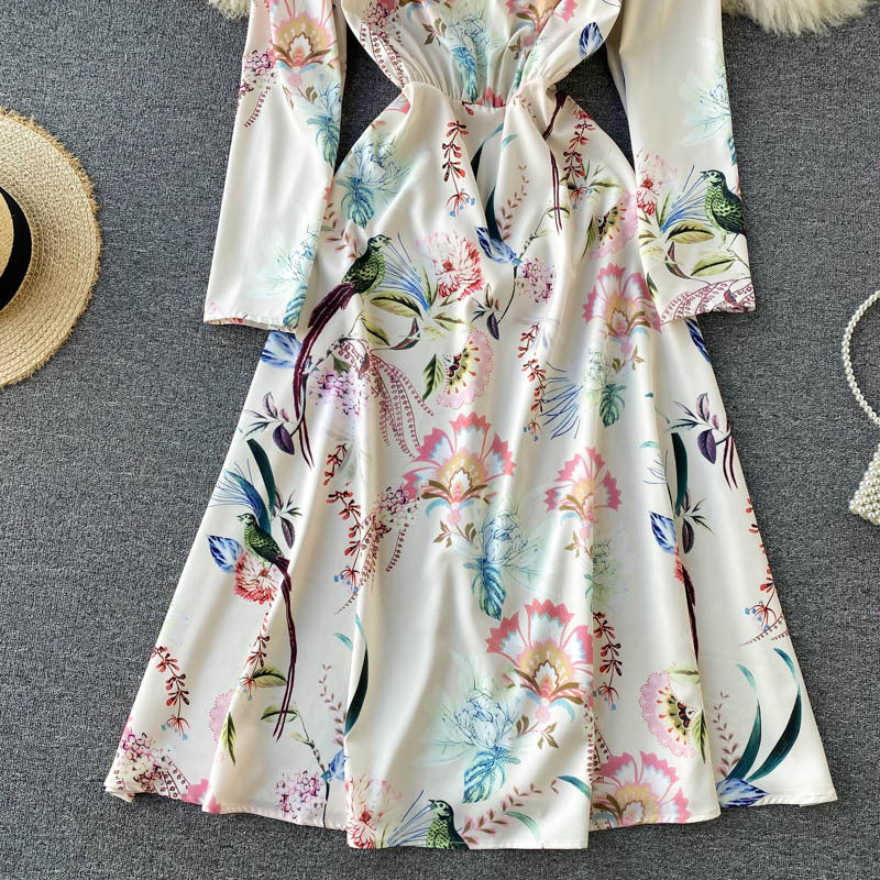 Retro Printed Long-sleeved Slim Mid-length Dress Women