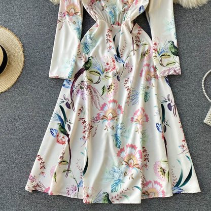 Retro Printed Long-sleeved Slim Mid-length Dress Women