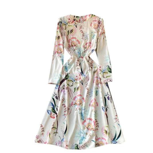 Retro Printed Long-sleeved Slim Mid-length Dress Women