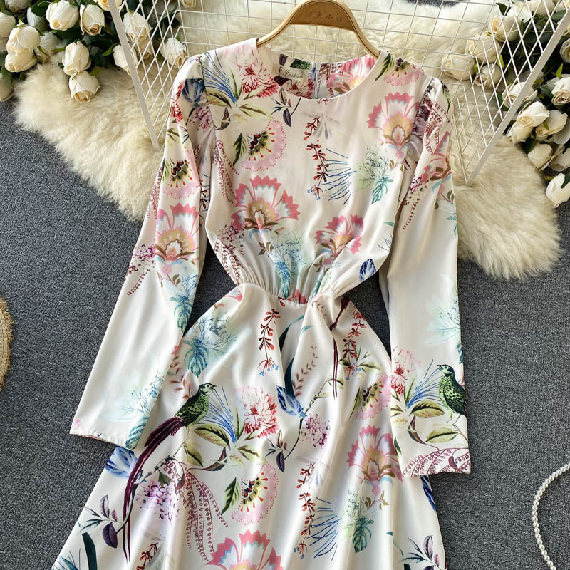 Retro Printed Long-sleeved Slim Mid-length Dress Women