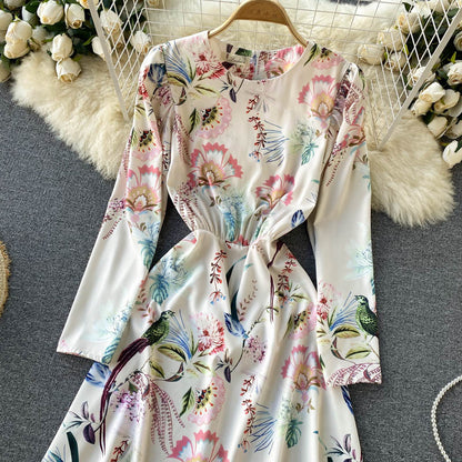 Retro Printed Long-sleeved Slim Mid-length Dress Women