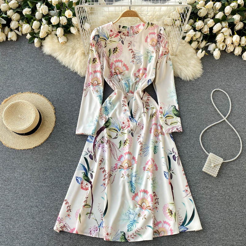 Retro Printed Long-sleeved Slim Mid-length Dress Women