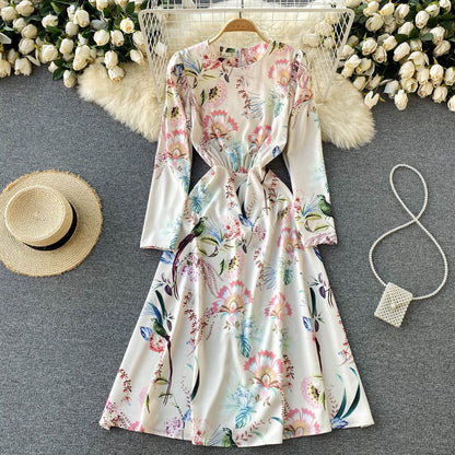 Retro Printed Long-sleeved Slim Mid-length Dress Women