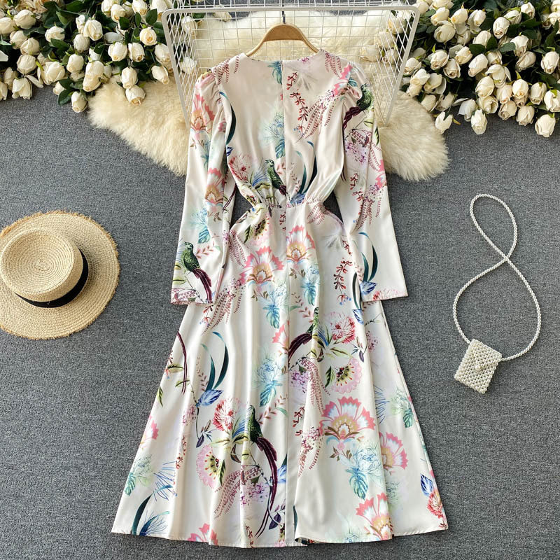 Retro Printed Long-sleeved Slim Mid-length Dress Women