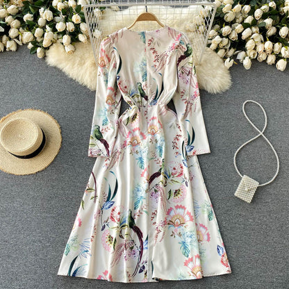 Retro Printed Long-sleeved Slim Mid-length Dress Women
