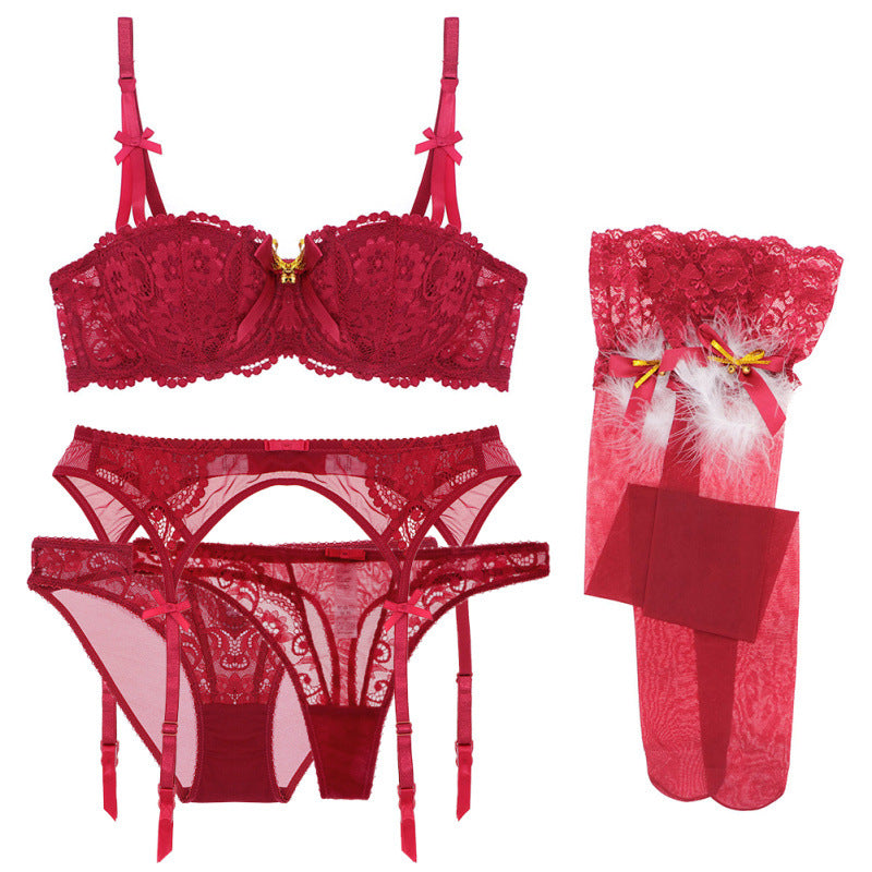 Sexy Lace  Cup Bra Set Christmas Valentine's Day Gift Temptation Stockings Thong