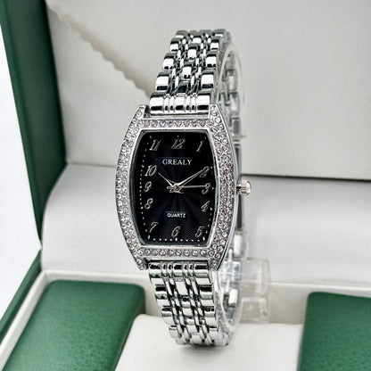 Diamond-encrusted Watch Barrel-shaped Dial Metal Bracelet Quartz Ladies' Watch