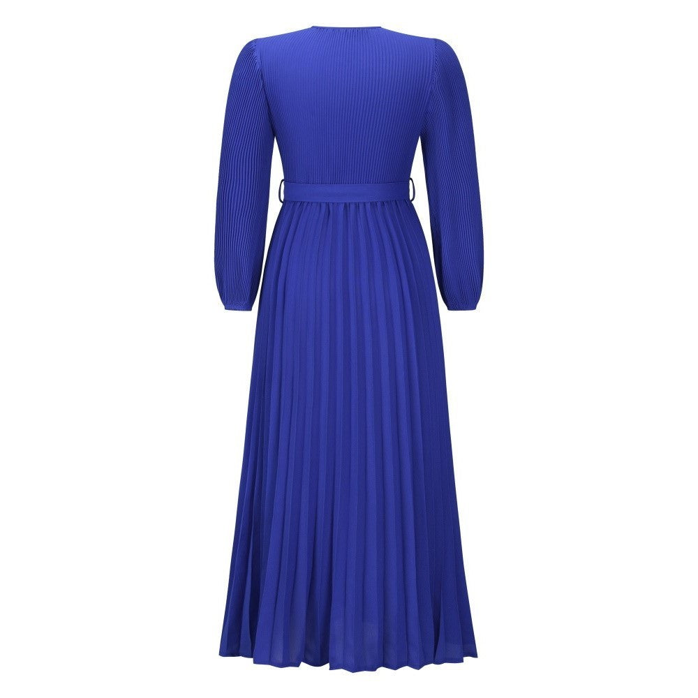 V-neck Long Sleeve Pleated A- Line Mid-length Dress