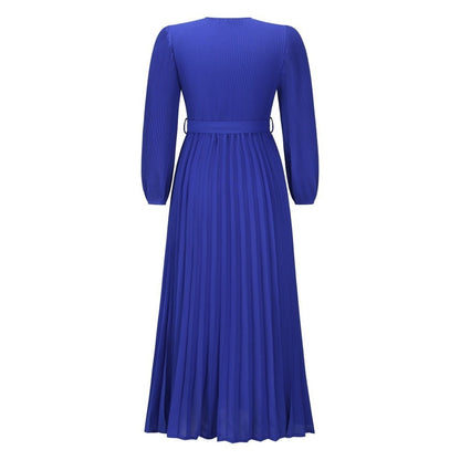 V-neck Long Sleeve Pleated A- Line Mid-length Dress