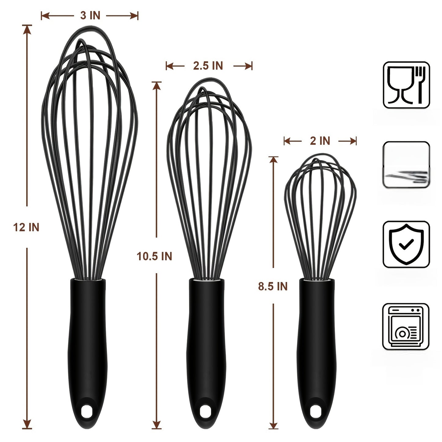 3pcs Food Grade Silicone Whisk, Manual Egg Whisk Mixer, Egg Beater, Household Baking Tools, Kitchen Supplies