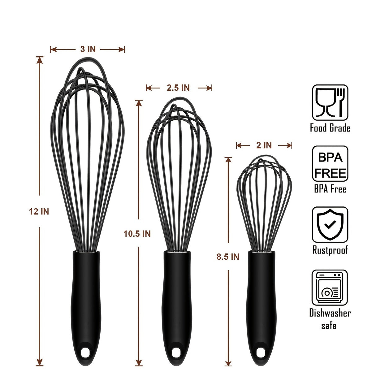 3pcs Food Grade Silicone Whisk, Manual Egg Whisk Mixer, Egg Beater, Household Baking Tools, Kitchen Supplies