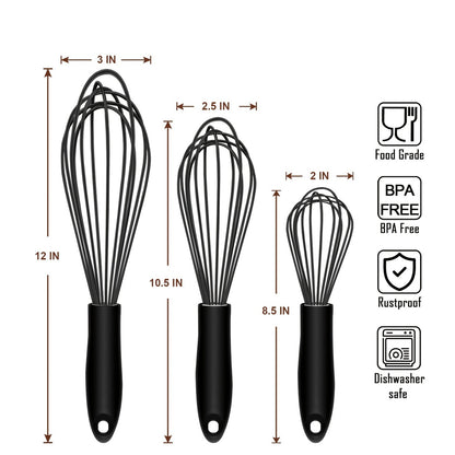 3pcs Food Grade Silicone Whisk, Manual Egg Whisk Mixer, Egg Beater, Household Baking Tools, Kitchen Supplies
