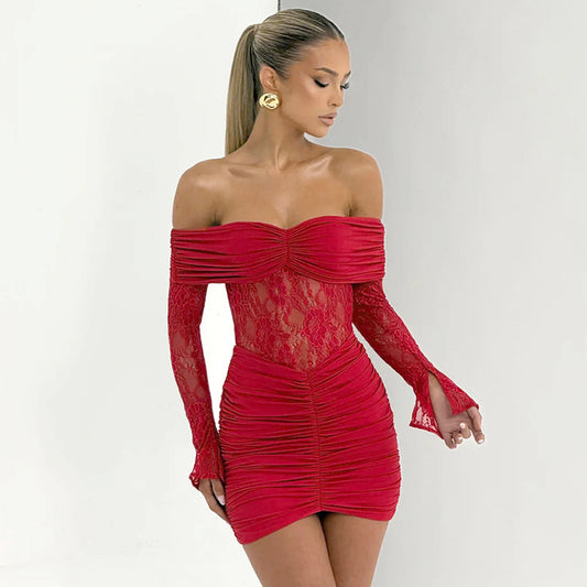 Women's Off-the-Shoulder Lace Patchwork Sheath Mini Dress