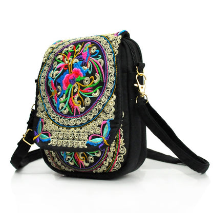 [Embroidered Crossbody] Lightweight Crossbody Bag | Women's Embroidered Mini Shoulder Bag with Detachable Strap - Floral Geometric Embroidery Design, Zipper Closure, Compact, Polyester Lined Interior (Navy/Purple/Red/Black)