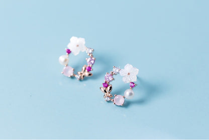 Diamond flower pearl earrings