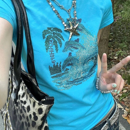 Blue Slim-fit Short-sleeve T-shirt Women's Summer Base Top