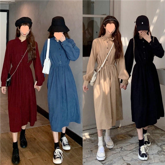 Retro Aloofness Style Mid-length Waist Fungus Long Sleeve Dress