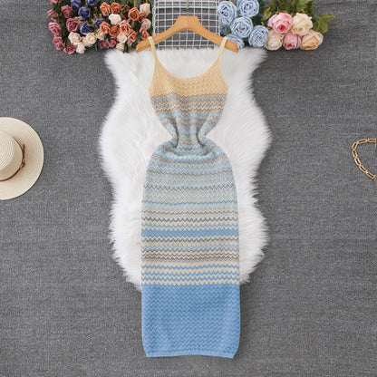 French-style Vintage Ombre Striped Sleeveless Slip Knit Dress