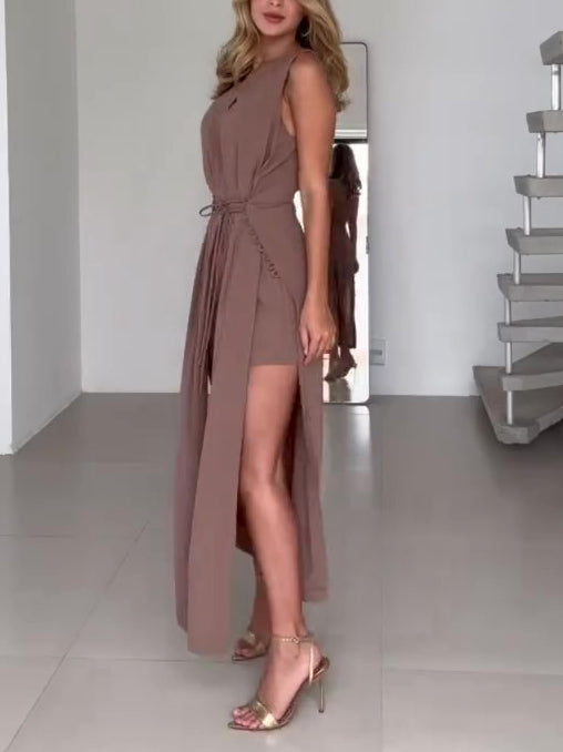 Solid Color Sleeveless Tie Dress
