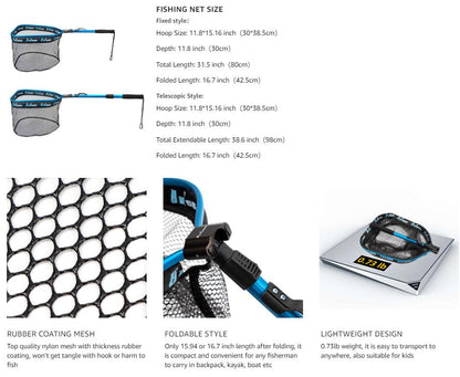 YVLEEN Professional Fishing Landing Net - Rubber Coated, Foldable & Floating Design for Bass, Trout, Salmon & Steelhead