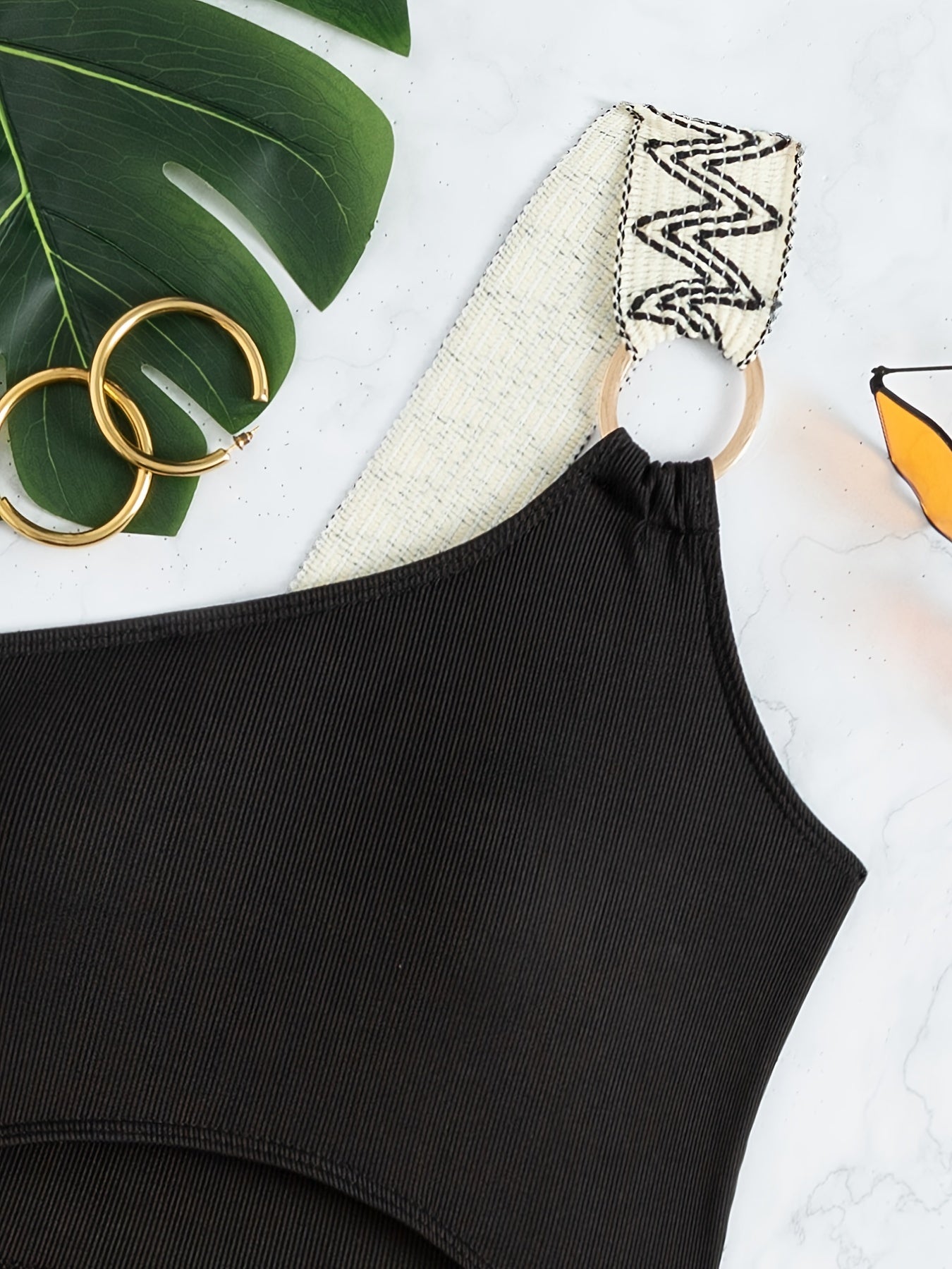 One Shoulder Cut Out Bathing Suit, Ring-Linked Asymmetrical Neck High Cut Bathing Suit, Women's Swimwear & Clothing