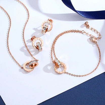 Luxury Diamond Zircon Roman Numeral Titanium Steel Bracelet for Women - Rose Gold