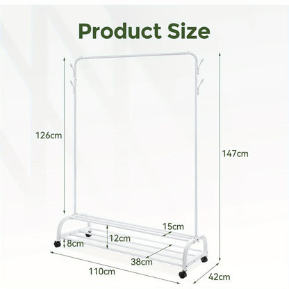 Heavy Duty Clothes Rail with Wheels & 2-Tier Storage Shelf - Mobile Garment Rack for Bedroom