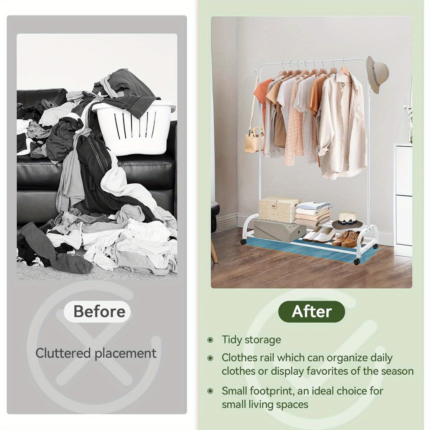 Heavy Duty Clothes Rail with Wheels & 2-Tier Storage Shelf - Mobile Garment Rack for Bedroom