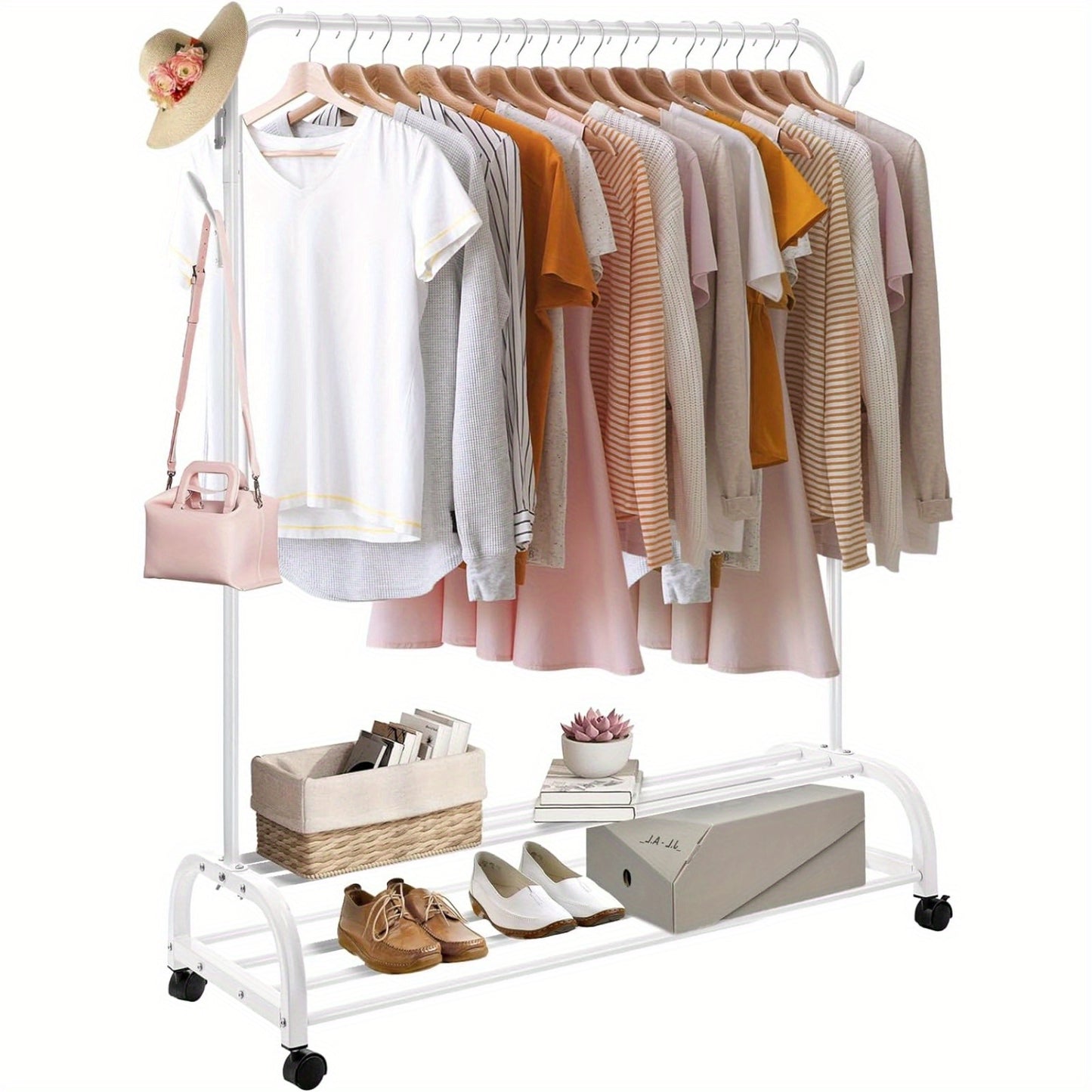 Heavy Duty Clothes Rail with Wheels & 2-Tier Storage Shelf - Mobile Garment Rack for Bedroom