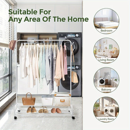 Heavy Duty Clothes Rail with Wheels & 2-Tier Storage Shelf - Mobile Garment Rack for Bedroom