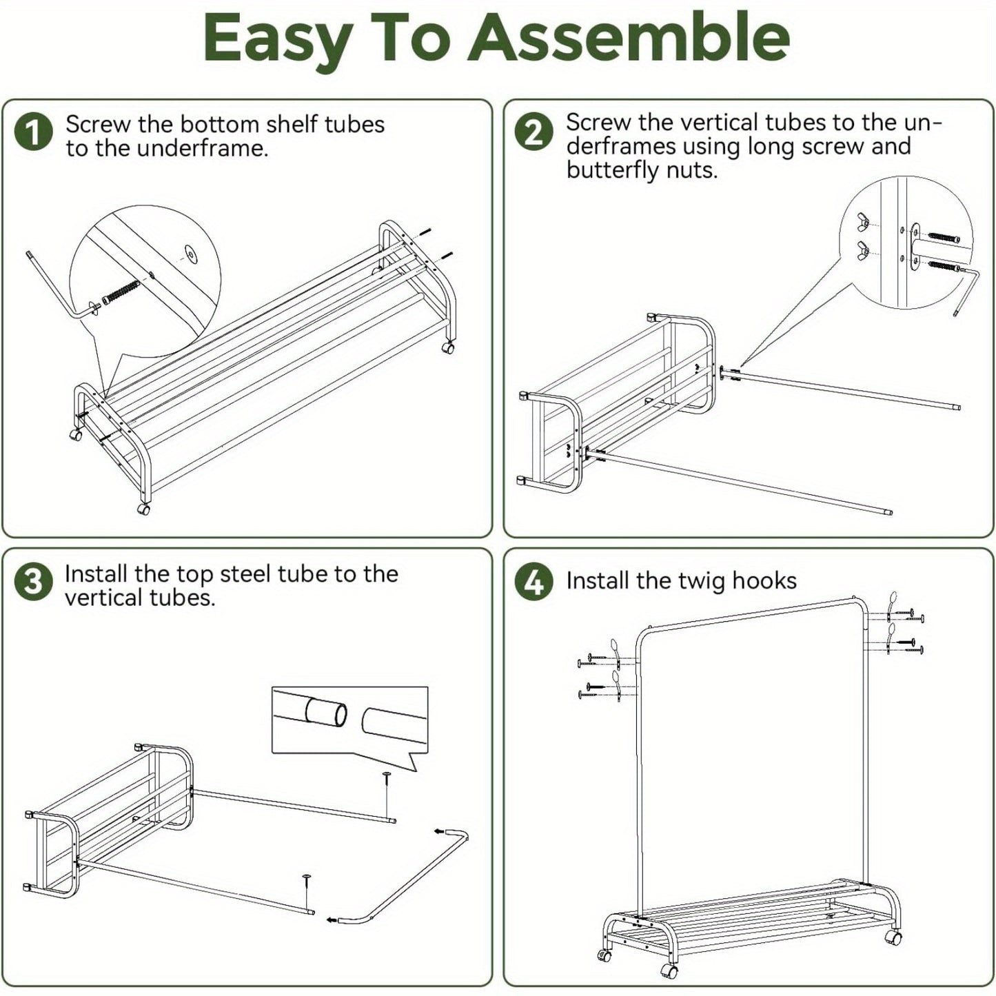 Heavy Duty Clothes Rail with Wheels & 2-Tier Storage Shelf - Mobile Garment Rack for Bedroom