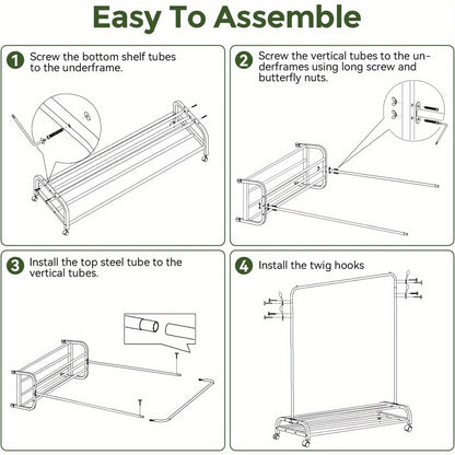 Heavy Duty Clothes Rail with Wheels & 2-Tier Storage Shelf - Mobile Garment Rack for Bedroom
