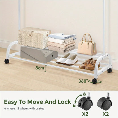 Heavy Duty Clothes Rail with Wheels & 2-Tier Storage Shelf - Mobile Garment Rack for Bedroom