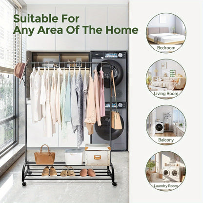 Heavy Duty Clothes Rail with Wheels & 2-Tier Storage Shelf - Mobile Garment Rack for Bedroom