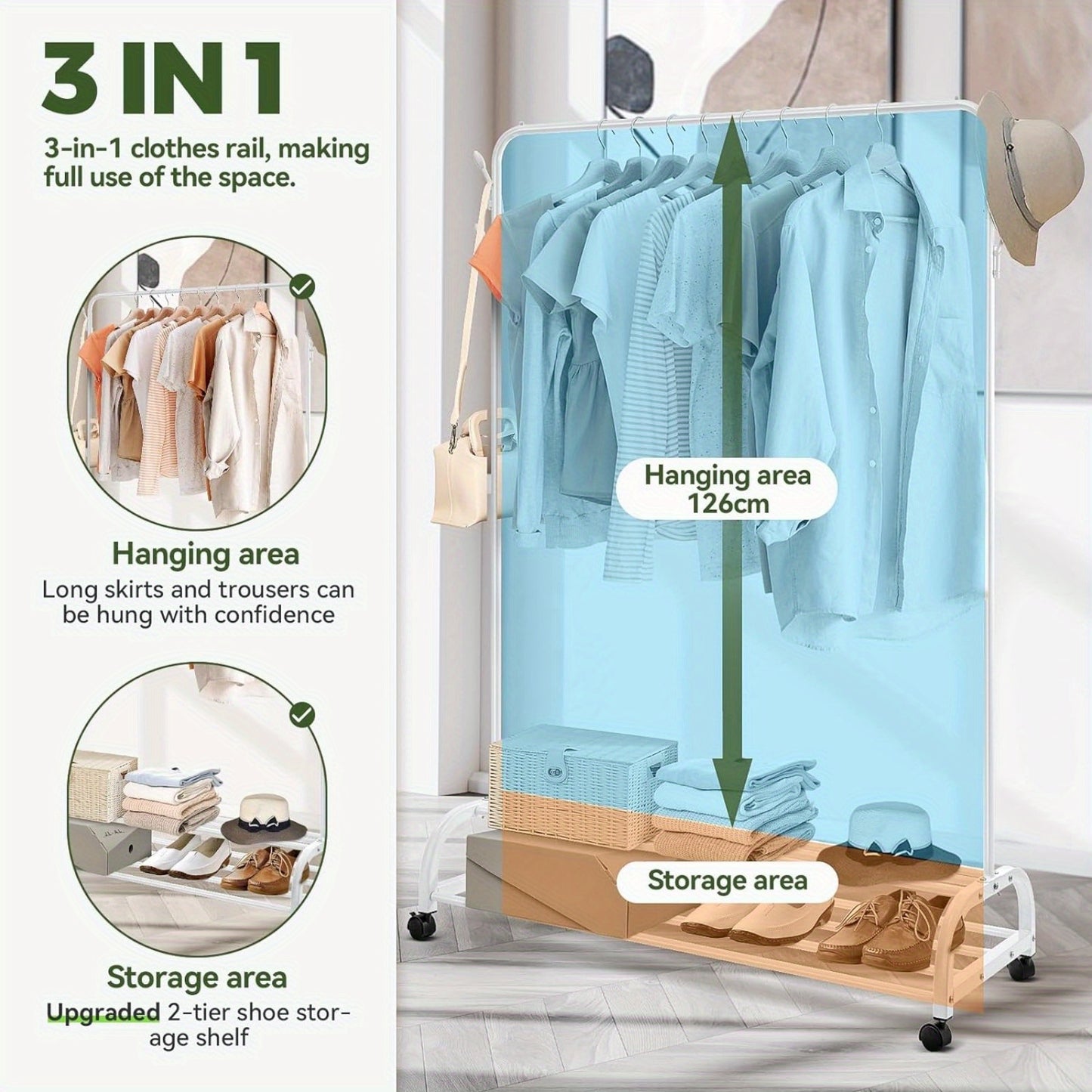 Heavy Duty Clothes Rail with Wheels & 2-Tier Storage Shelf - Mobile Garment Rack for Bedroom