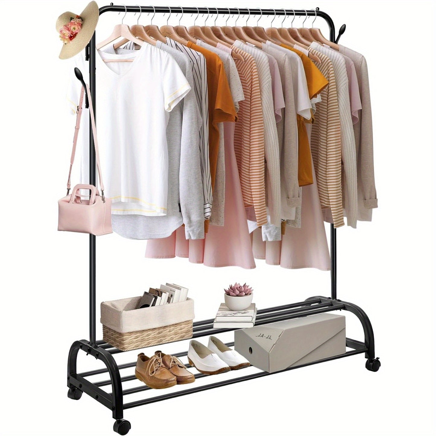 Heavy Duty Clothes Rail with Wheels & 2-Tier Storage Shelf - Mobile Garment Rack for Bedroom