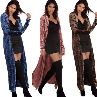 Long Sleeve Velvet Cardigan Windbreaker Long Coat Lady