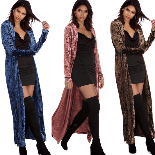 Long Sleeve Velvet Cardigan Windbreaker Long Coat Lady