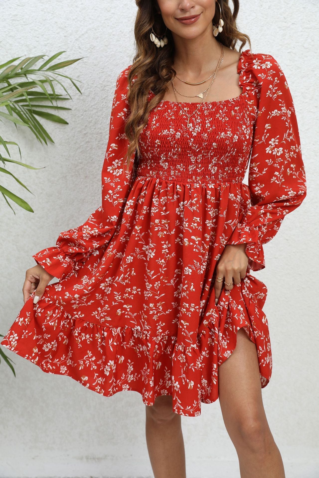Spring And Summer Floral Long Sleeve Mid-length Dress