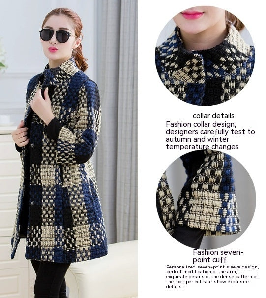 Woolen New Slim-fit Mid-length 34 Sleeve Stand Collar Thick Flower Woolen Coat